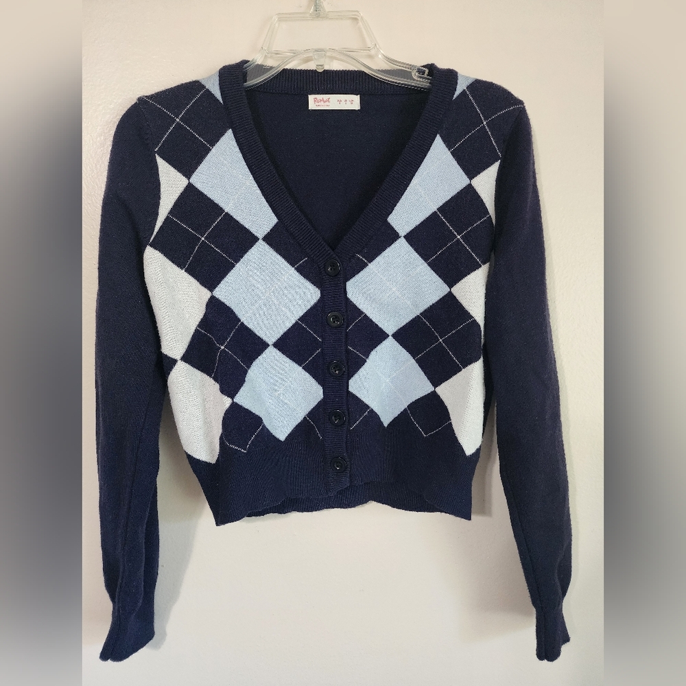 ROMWE Navy and Light Blue Argyle Cardigan